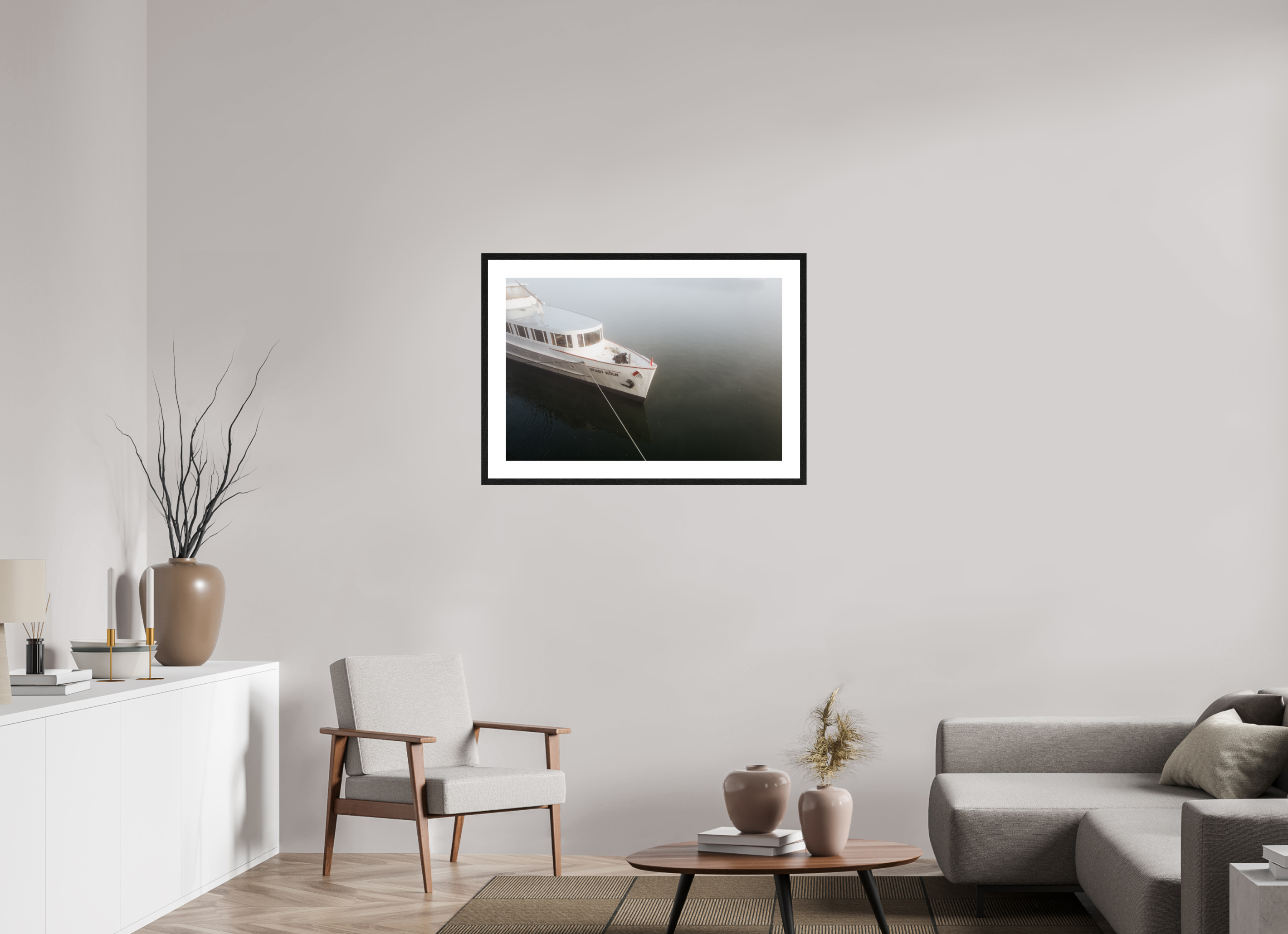 90 x 60 cm, Fine Art Baryta in Frame Silent Boat in Cologne